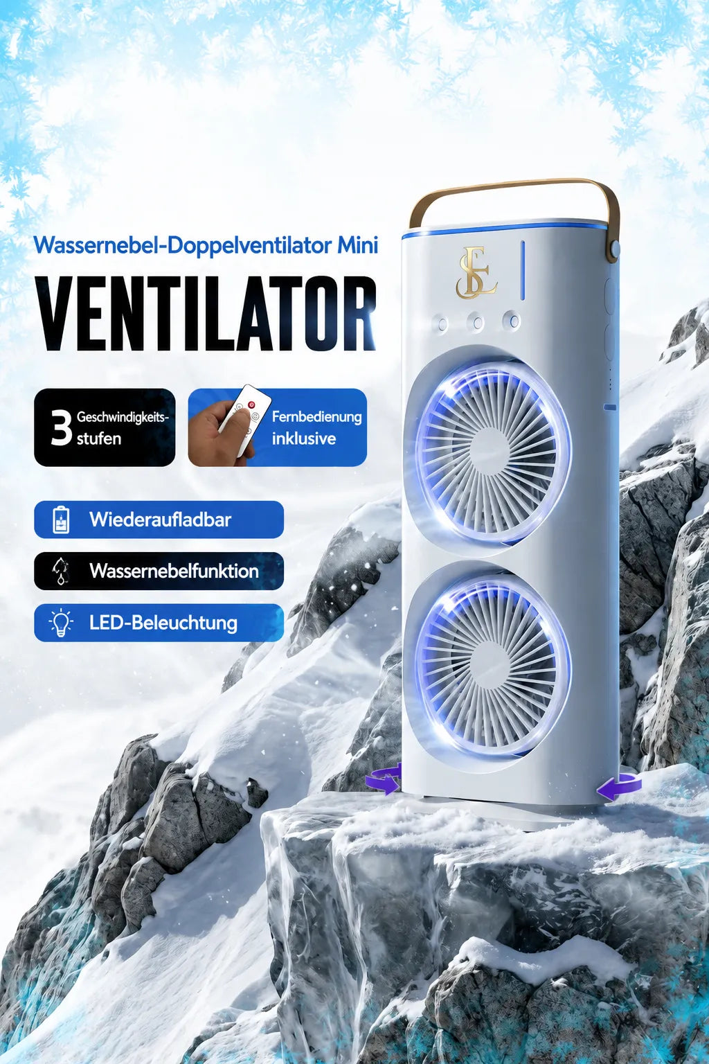 KUMTEL Wiederaufladbarer Kühlventilator mit Wassernebel